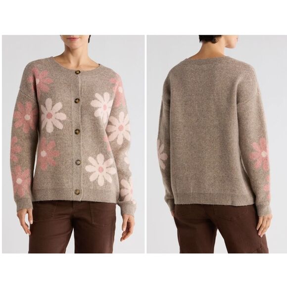 New Bobeau Daisy Jacquard Cardigan Sweater in Dark Oatmeal Size Medium - Picture 2 of 4